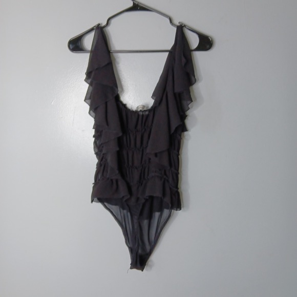 Intimately Free People Juliet Ruffle Bodysuit Women Sz M Black Sheer Square Neck - Picture 13 of 14